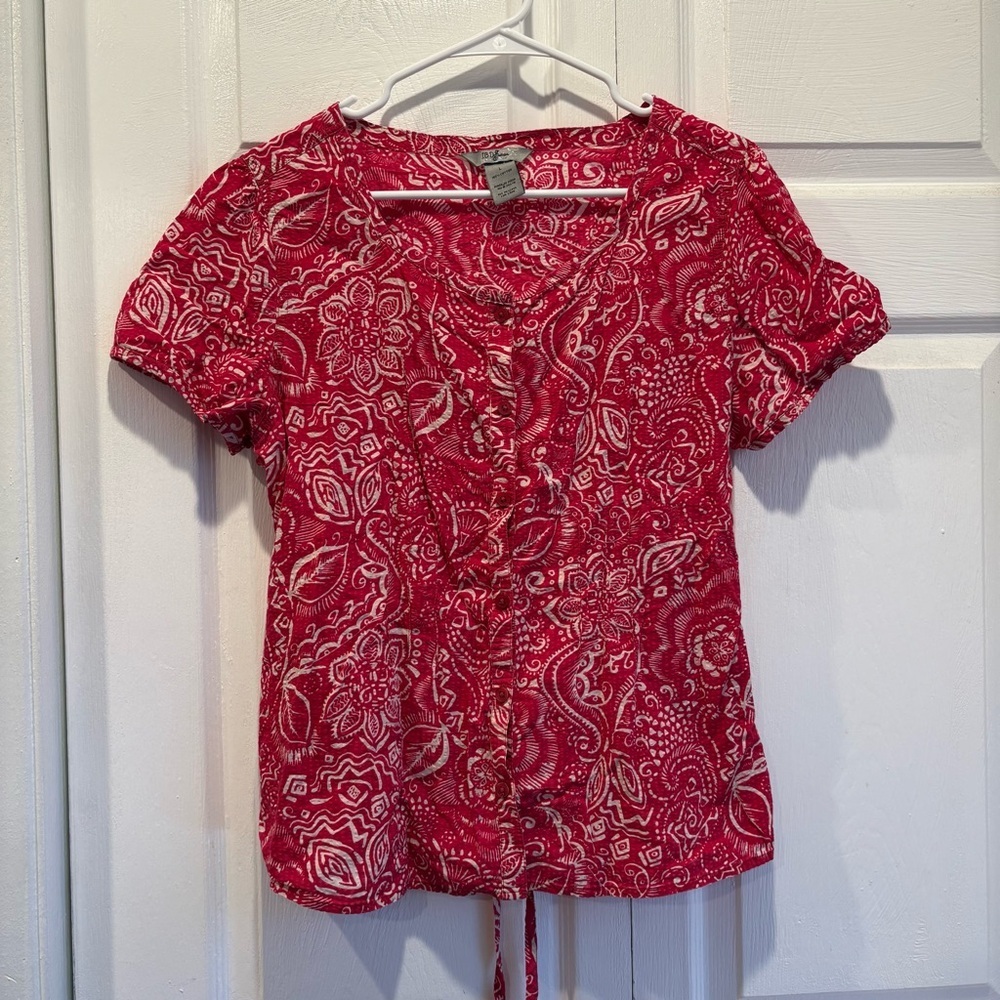 Vintage Y2K Ib diffusion Red Patterned Button Up Short Sleeve Top - Size Large